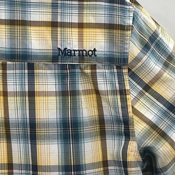 Marmot Plaid Short Sleeve Button Up Shirt Men’s L Yellow‎ Blue - Picture 6 of 10